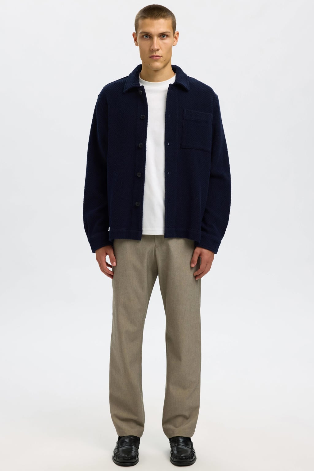 Donkerblauwe heren SELECTED HOMME overshirt van katoen met effen, lange mouwen, klassieke kraag, knoopsluiting en textuur