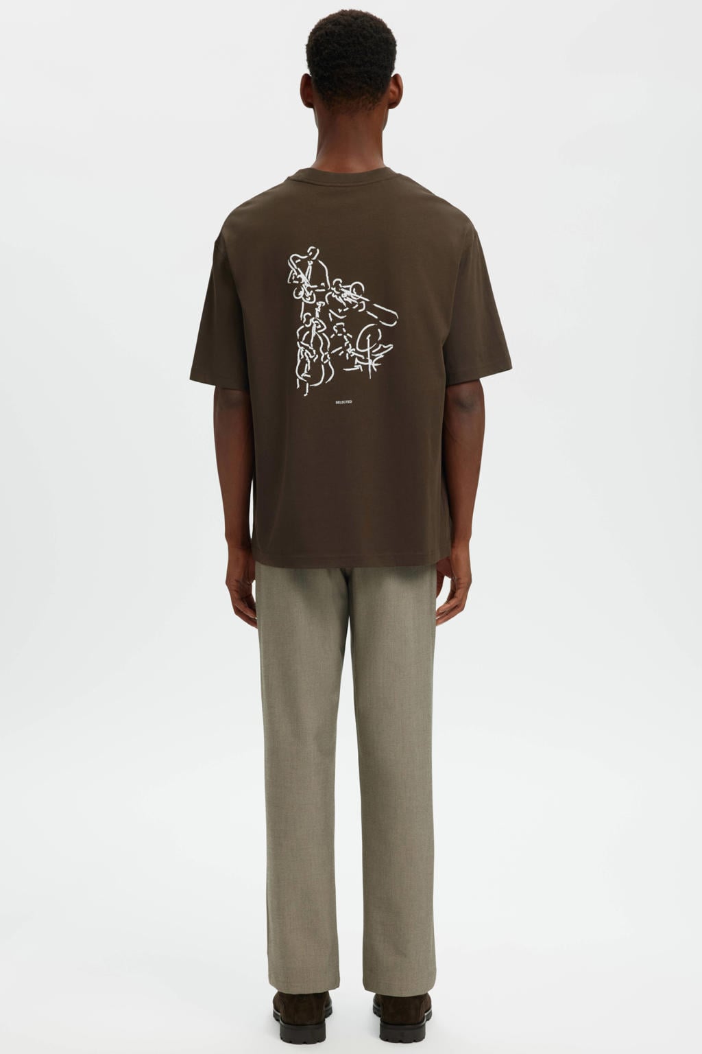 Bruine heren Selected regular T-shirt van katoen met backprint, korte mouwen en ronde hals