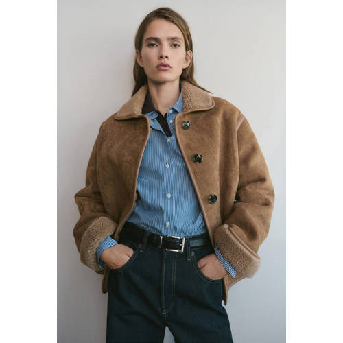 Mango suede lammy coat bruin afbeelding