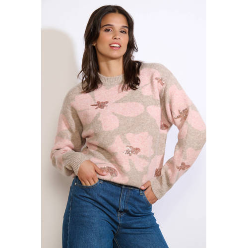 LOLALIZA gebloemde trui beige met pailletten afbeelding