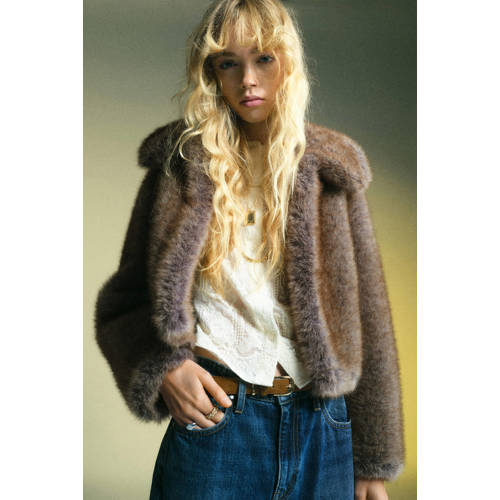 Mango faux fur jas bruin afbeelding