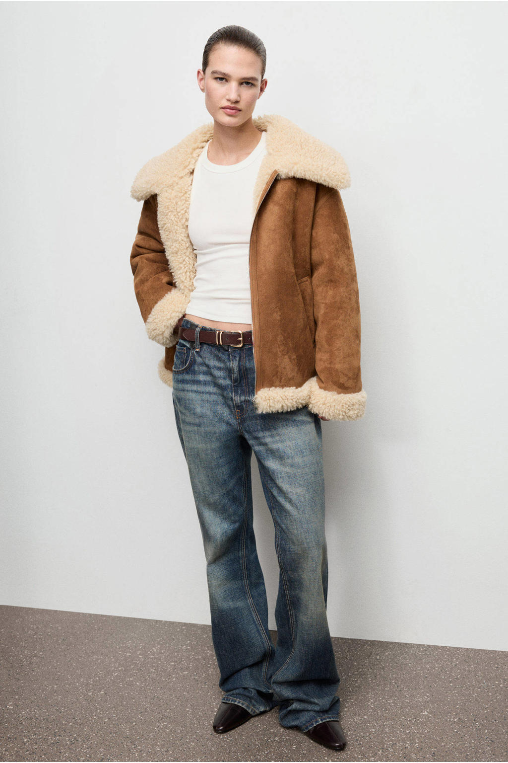 Bruine dames Mango lammy coat van polyester met effen, lange mouwen en overslagkraag