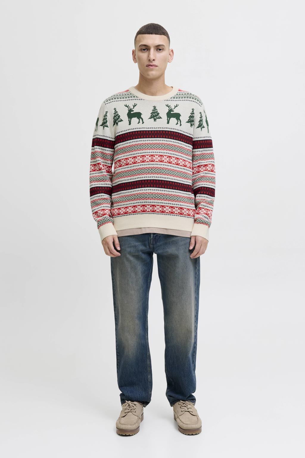 Donkergroene heren JACK & JONES kersttrui gebreid van katoen met lange mouwen en ronde hals