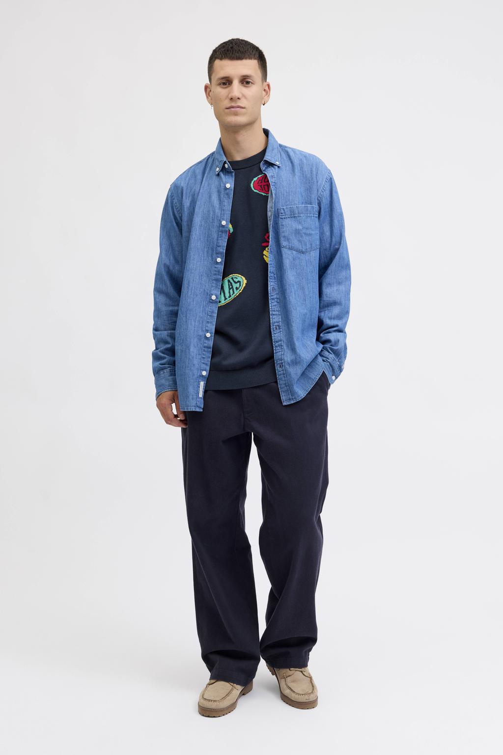 Donkerblauwe heren JACK & JONES ORIGINALS kersttrui gebreid van katoen met lange mouwen en ronde hals