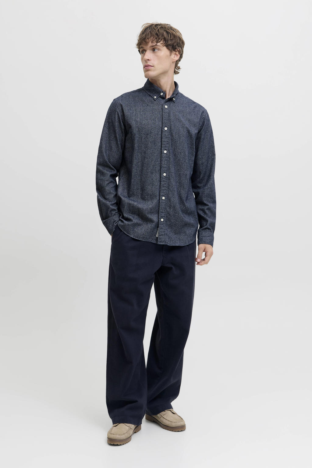 Blauwe heren JACK & JONES PREMIUM regular casual overhemd van flanel met melée print, lange mouwen, button down sluiting en knoopsluiting