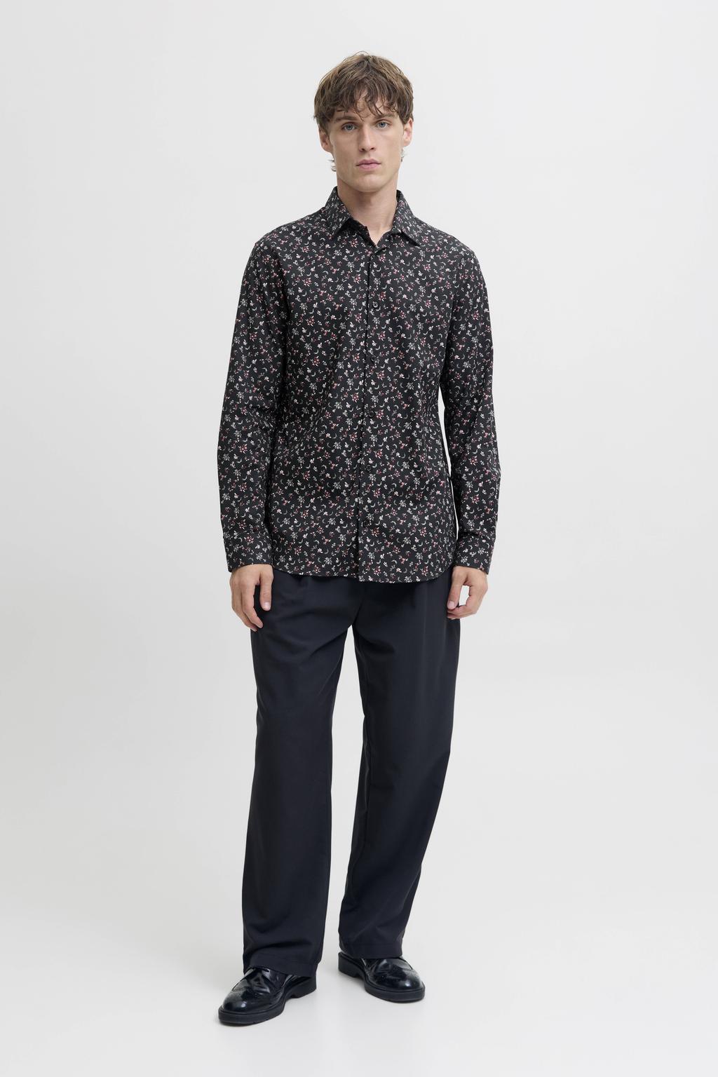 Zwarte heren JACK & JONES PREMIUM regular casual overhemd van katoen met lange mouwen, klassieke kraag en knoopsluiting