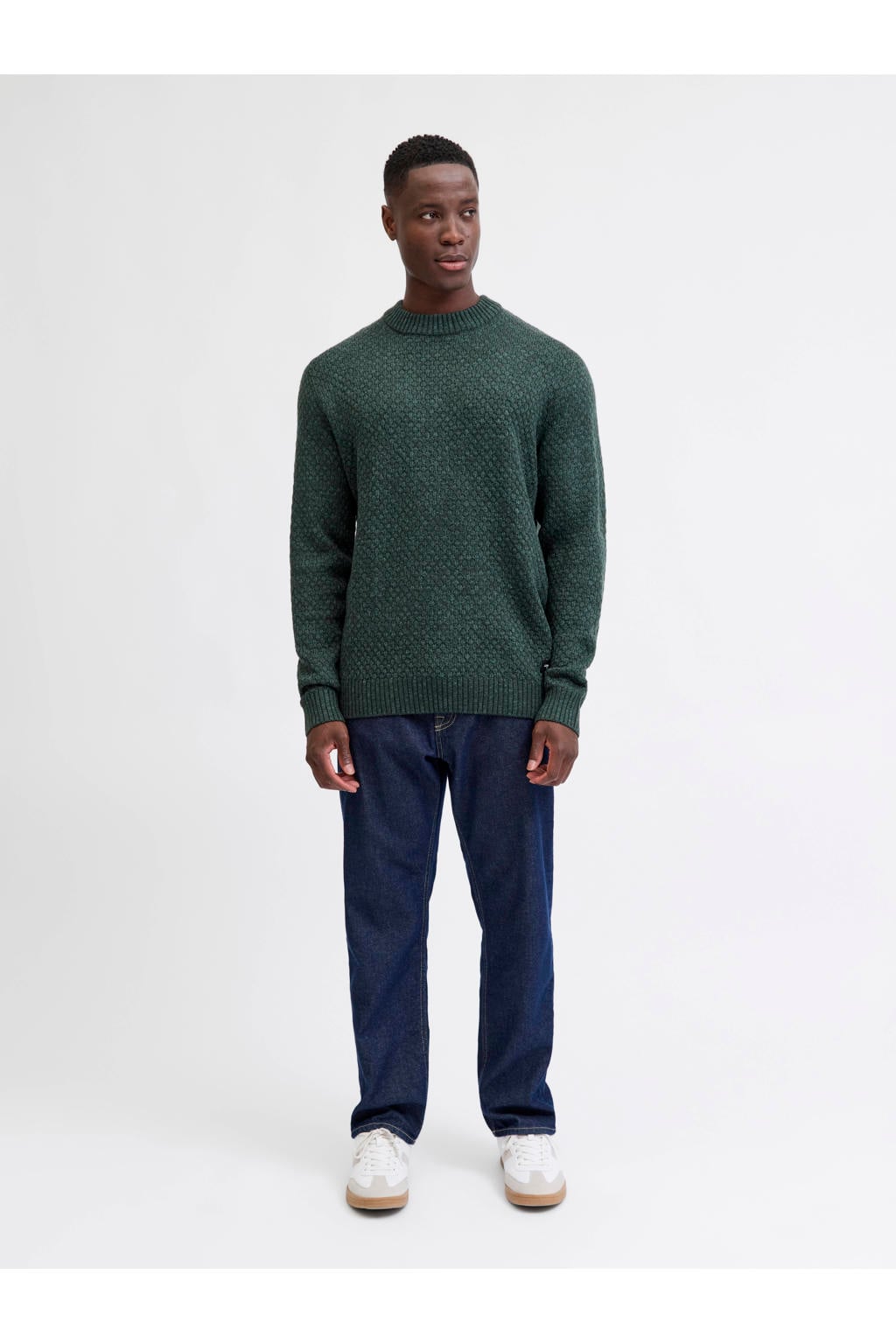 Groene heren JJ REBEL trui gebreid van acryl met effen, lange mouwen en ronde hals