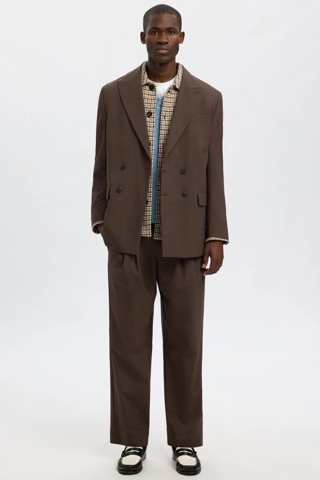 Lichtbruine heren Selected geruit overshirt van wol met lange mouwen, klassieke kraag en knoopsluiting