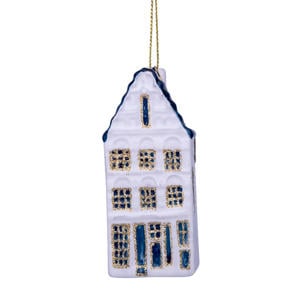 kerstornament glas wit/blauw grachtenhuis trapgevel H9cm