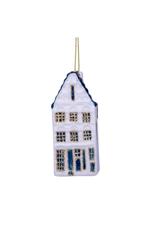 kerstornament glas wit/blauw grachtenhuis trapgevel H9cm