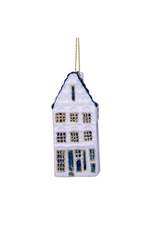kerstornament glas wit/blauw grachtenhuis trapgevel H9cm
