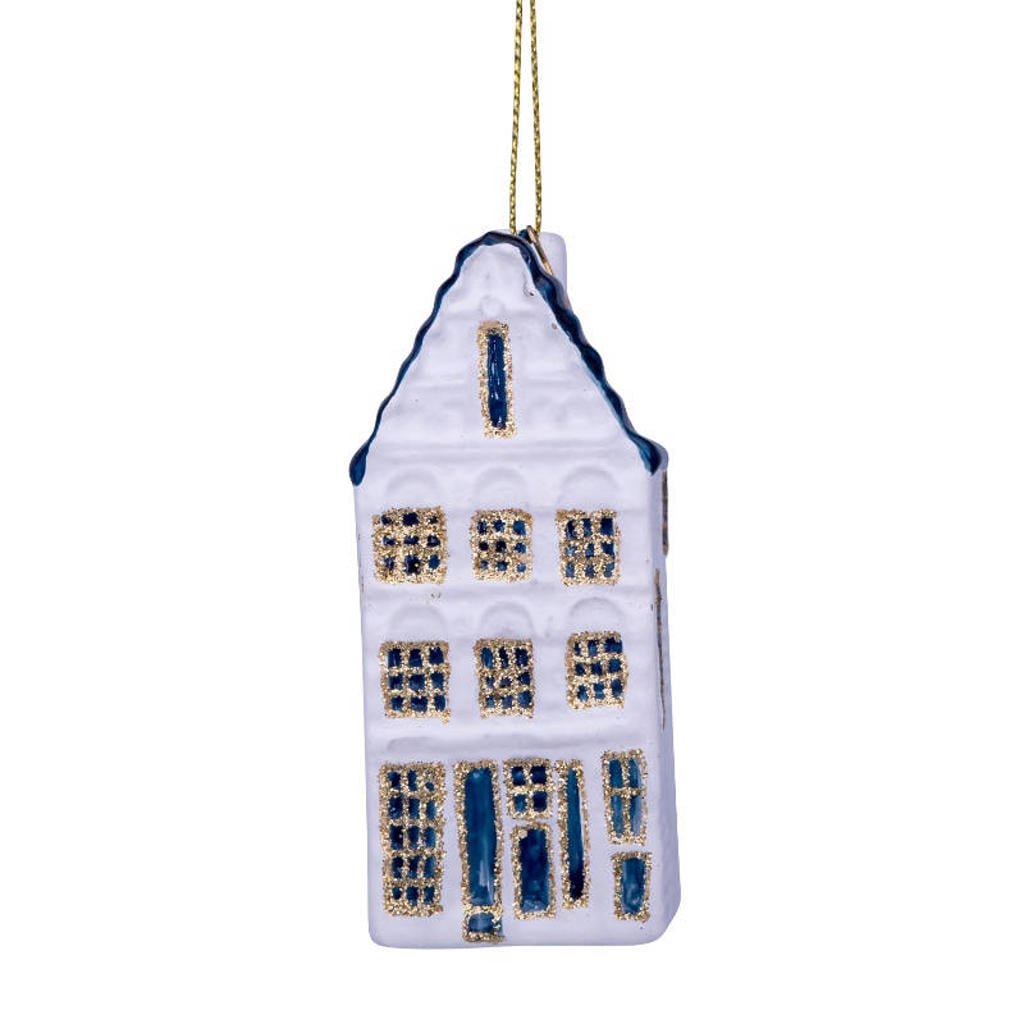 Vondels kerstornament glas wit/blauw grachtenhuis trapgevel H9cm