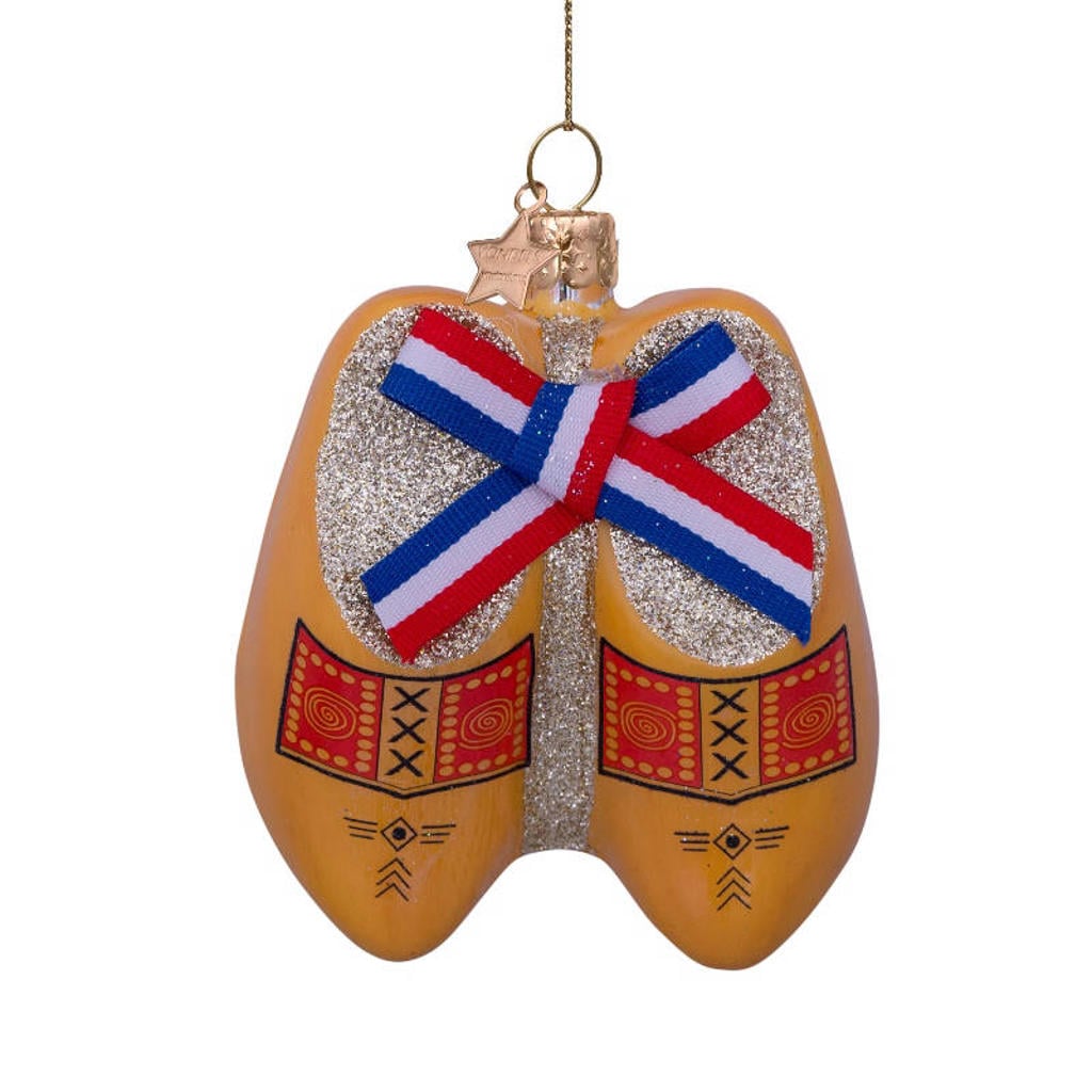 Vondels kerstornament glas traditionele klompen met Nederlandse strik H3.5cm
