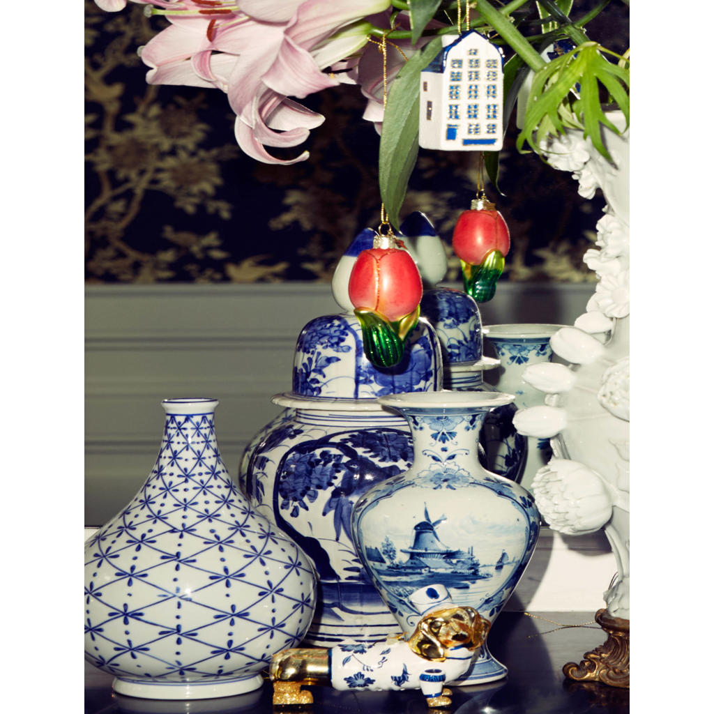 Vondels kerstornament glas goud/Delfts blauw hond H9cm