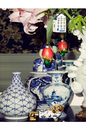 kerstornament glas goud/Delfts blauw hond H9cm