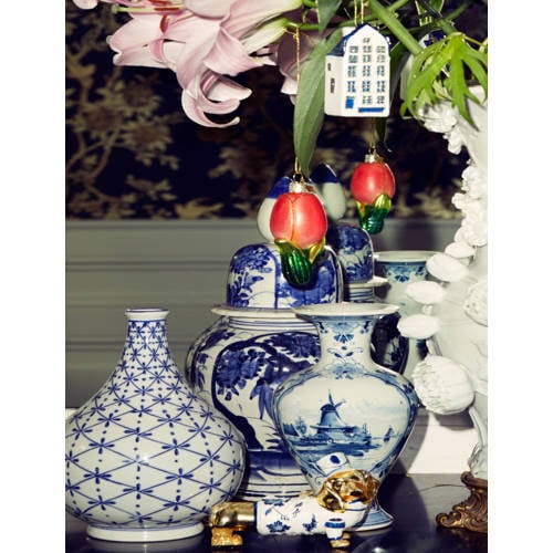 Vondels kerstornament glas goud/Delfts blauw hond H9cm afbeelding