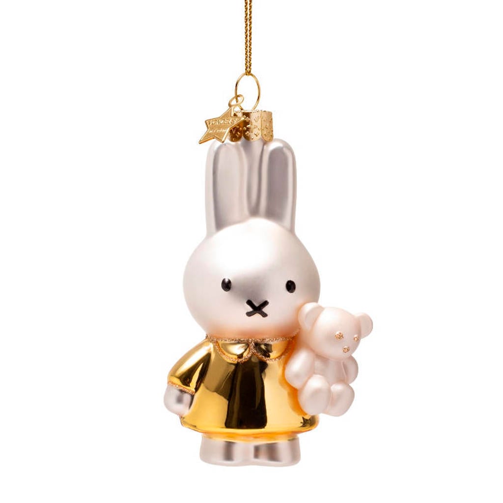 Vondels kerstornament glas Nijntje baby goud met beer H11cm