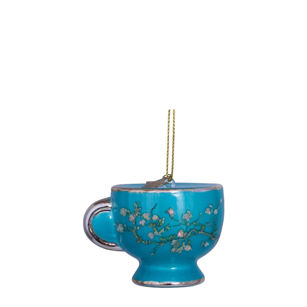 Vondels kerstornament glas Van Gogh bloesem blauw theekopje H6cm