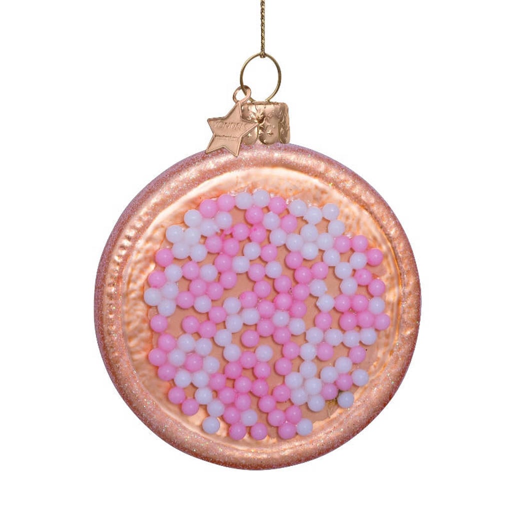 Vondels kerstornament glas roze/wit Nederlands beschuitje H8.5cm