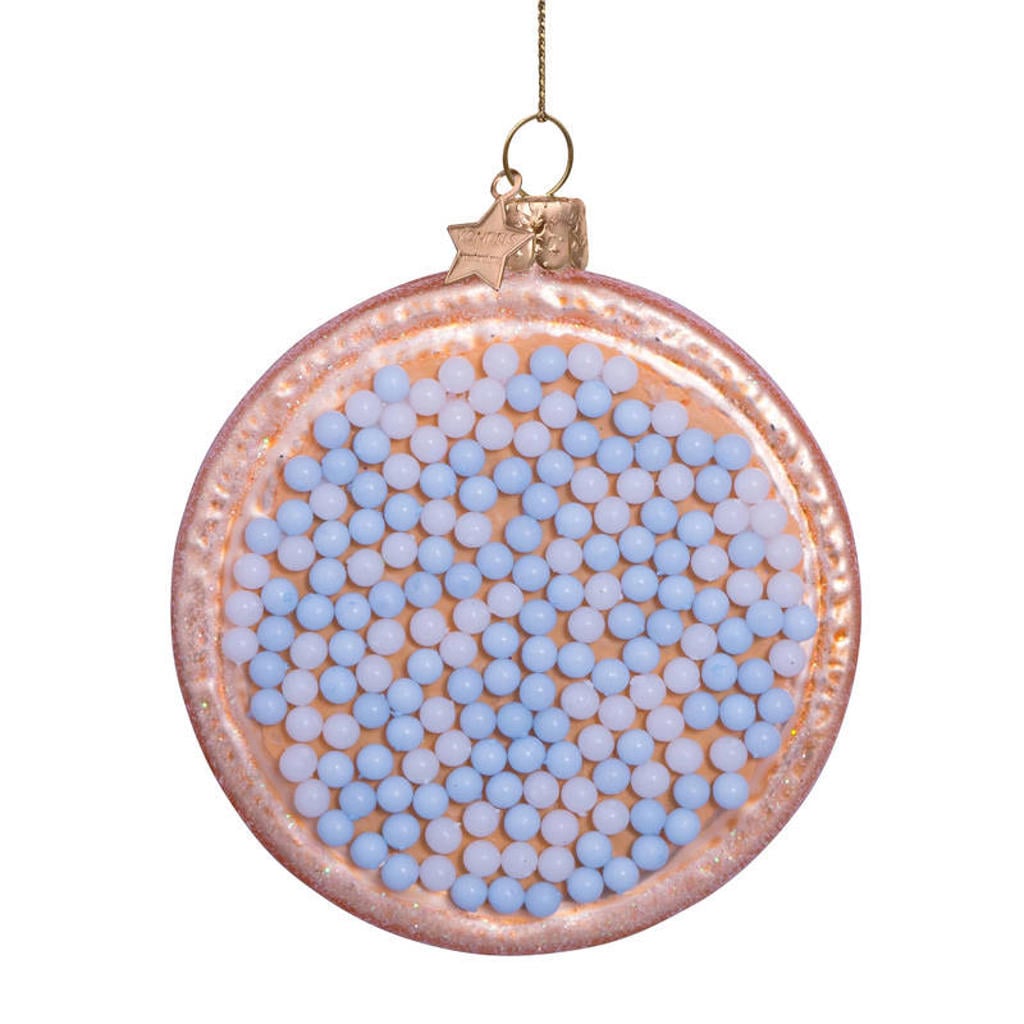 Vondels kerstornament glas blauw/wit Nederlands beschuitje H8.5cm