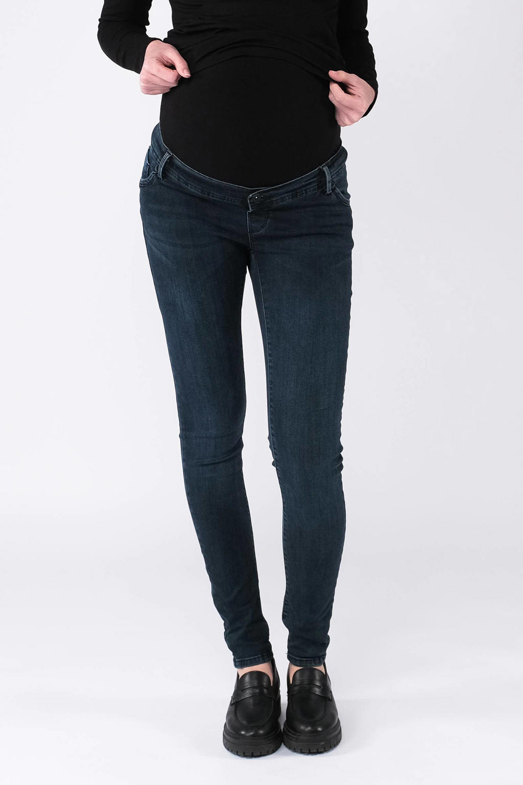 Dark blue denim dames LOVE2WAIT high waist zwangerschaps skinny jeans dark blue van denim met effen