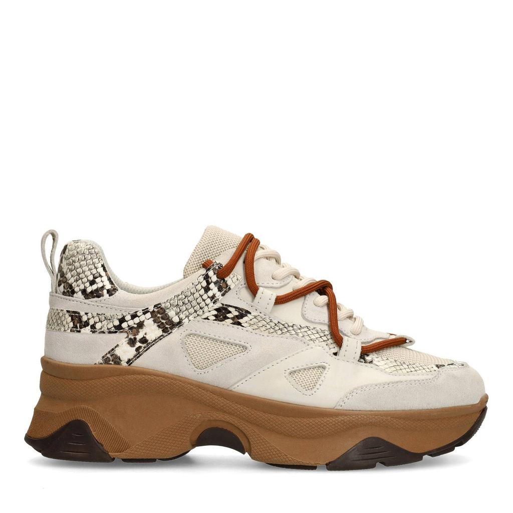 Beige dames Sacha chunky suède sneakers met veters en slangenprint