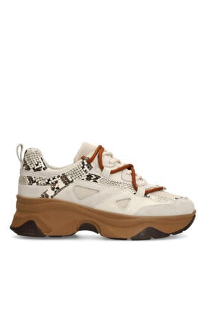 chunky suède sneakers met slangenprint beige
