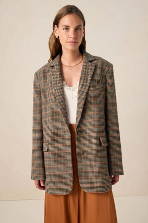 geruit regular blazer met wol donkerbruin