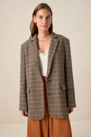geruit regular blazer met wol donkerbruin