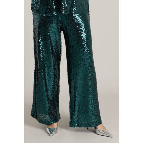 Yest Curve wide leg high waist broek donkergroen met pailletten afbeelding