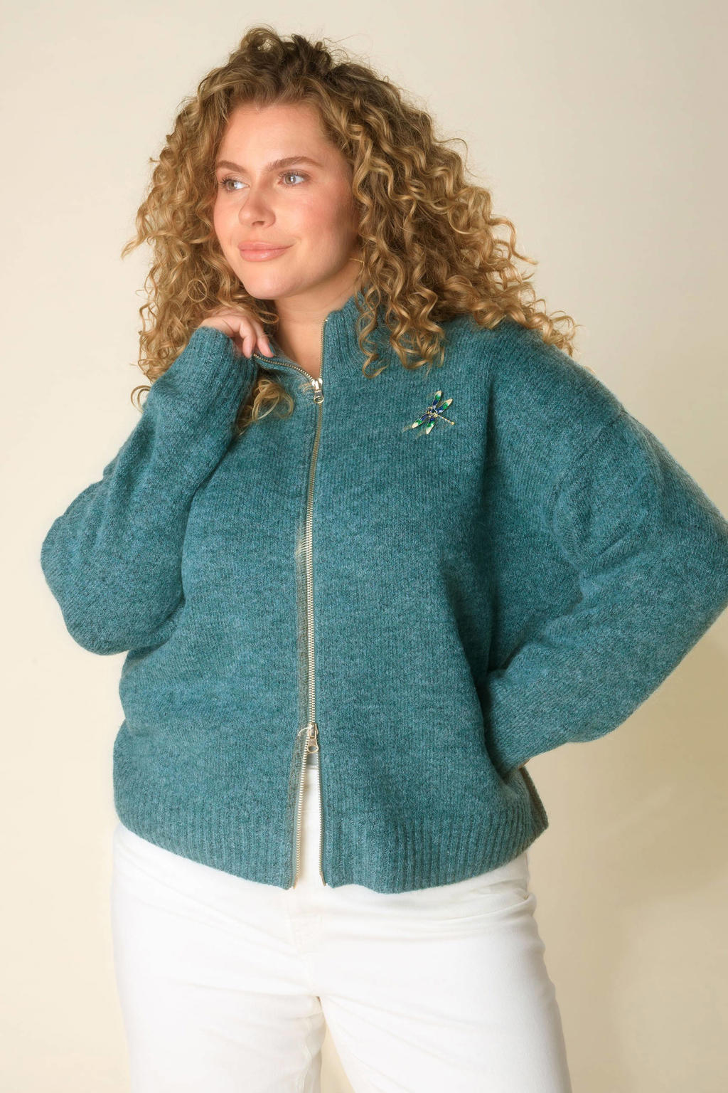 Blauwe dames Yest Curve gebreid vest van polyacryl met meerkleurige print, lange mouwen, col, ritssluiting en 3D applicatie