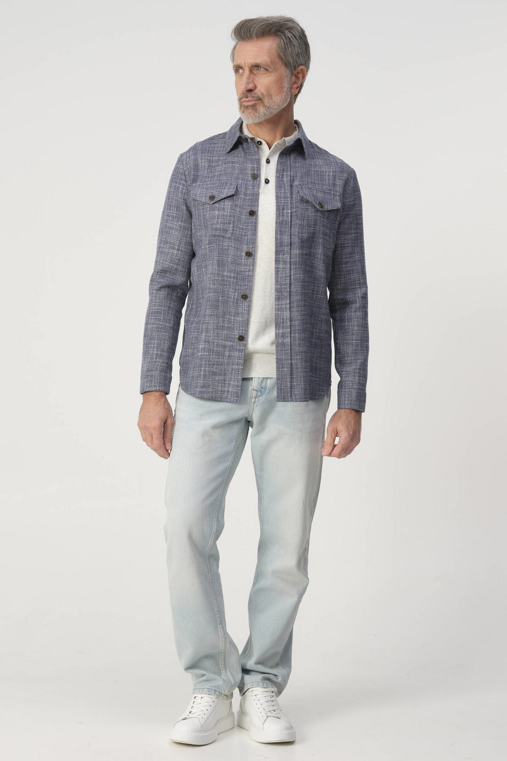 Blauwe heren Campbell overshirt van polyester met melée print, lange mouwen, widespread hals en knoopsluiting