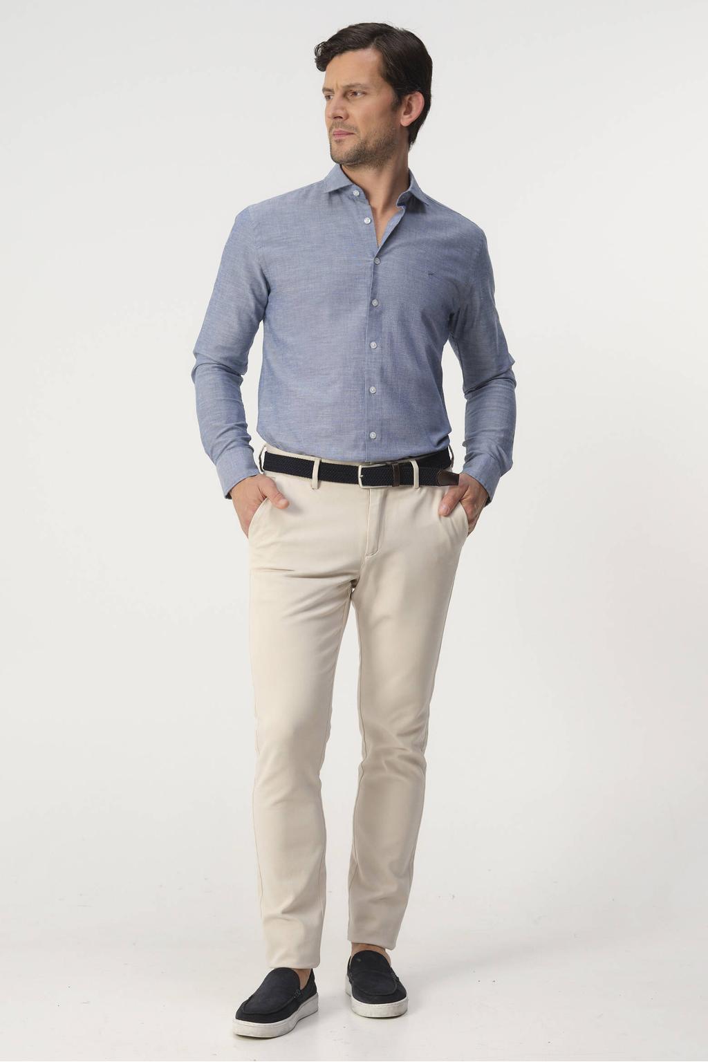 Blauwe heren Campbell regular casual overhemd van katoen met melée print, lange mouwen, klassieke kraag en knoopsluiting