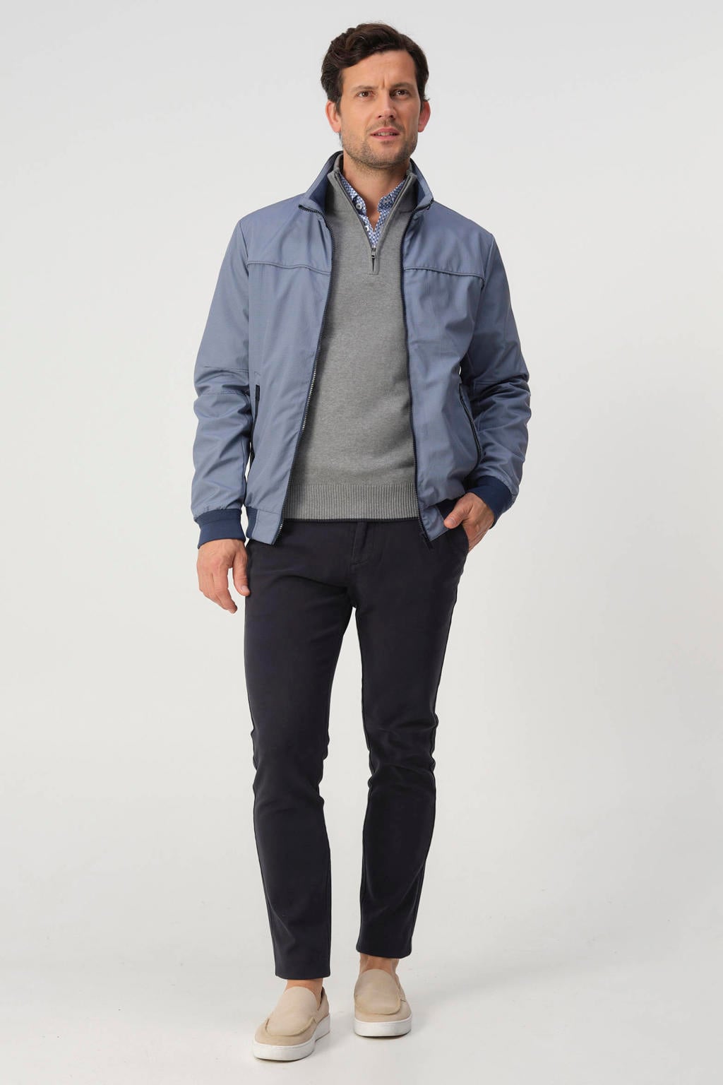 Blauwe heren Campbell zomerjas van polyester met lange mouwen, opstaande kraag, ritssluiting en elastische boord