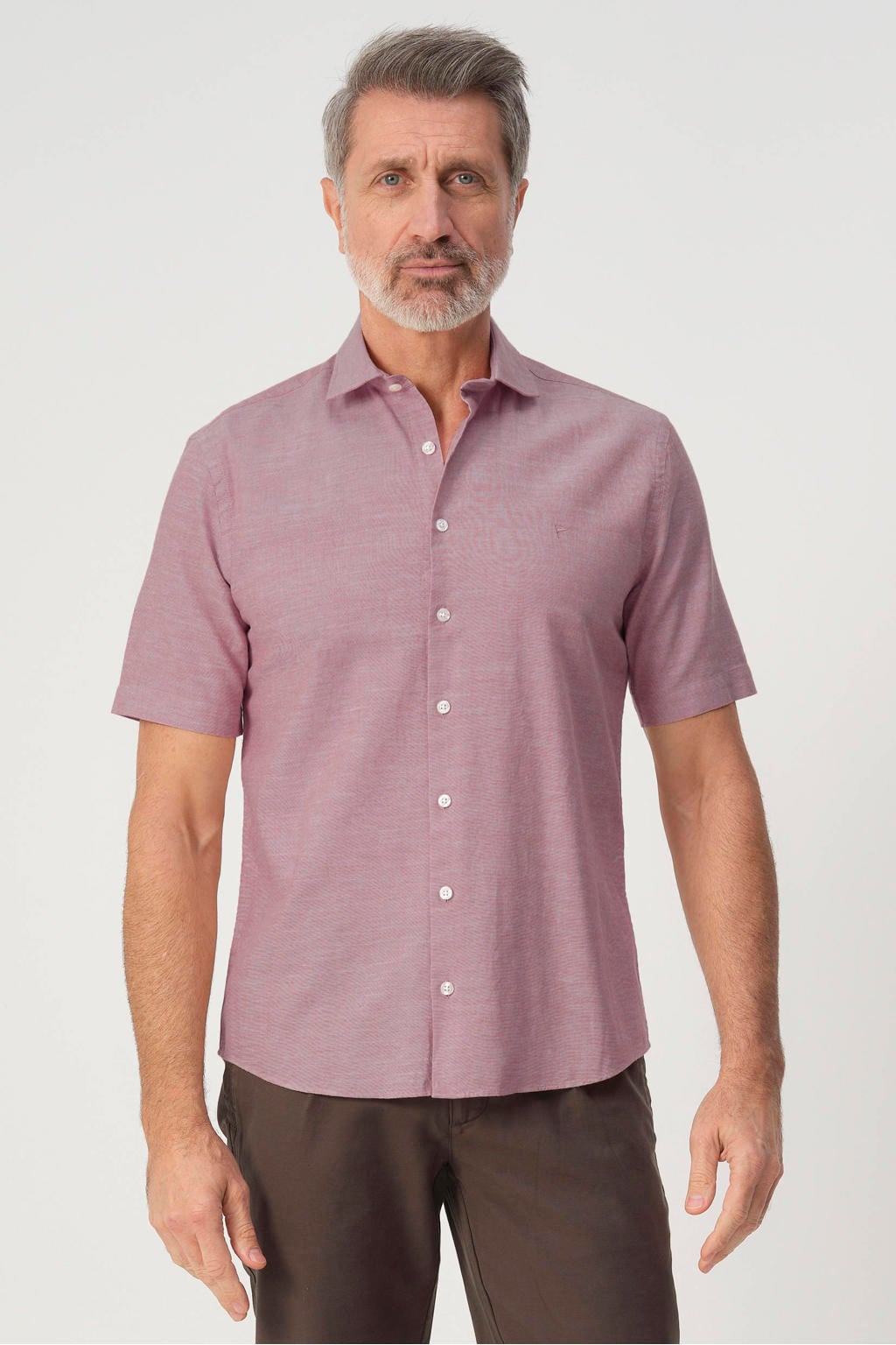Roze heren Campbell regular casual overhemd van katoen met effen, korte mouwen, klassieke kraag en knoopsluiting