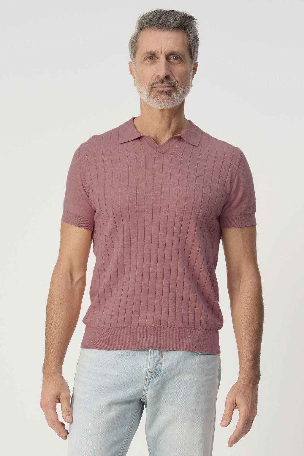 Roze heren Campbell regular polo rib gebreid van linnen met effen, korte mouwen, openvallende hals en pique