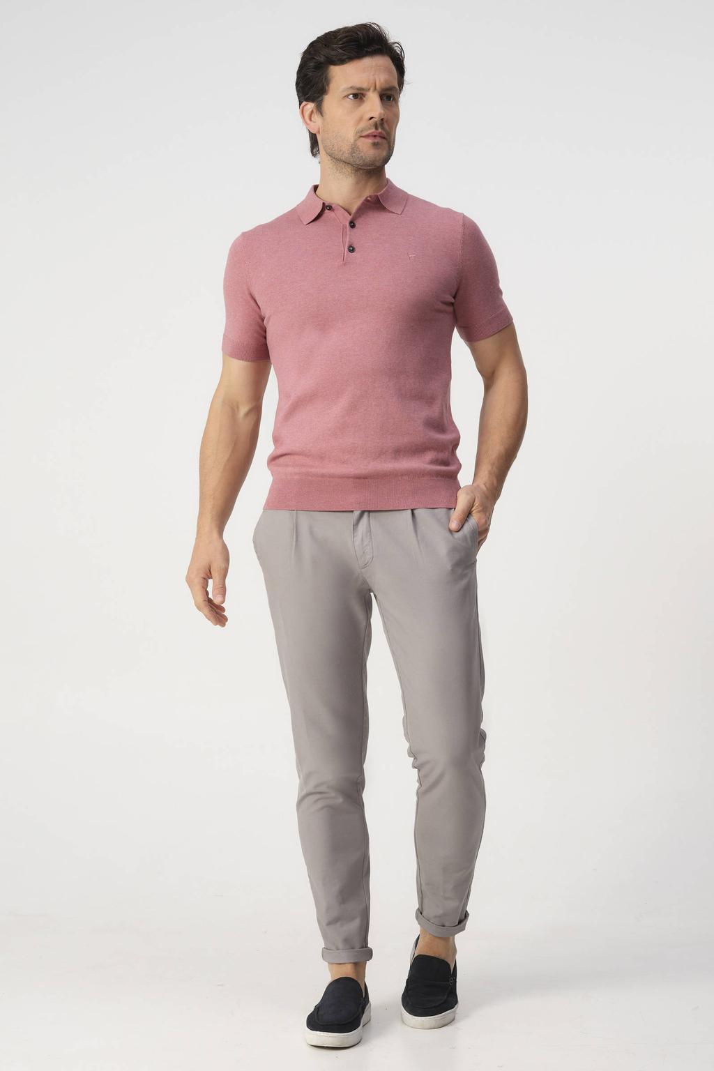 Roze heren Campbell regular polo fijn gebreid van katoen met effen, korte mouwen, knoopsluiting en pique