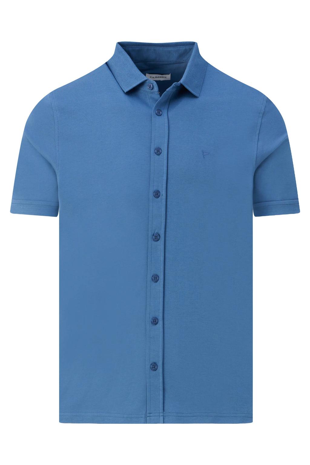 Blauwe heren Campbell regular casual overhemd van katoen met effen, korte mouwen, polo kraag, knoopsluiting en pique