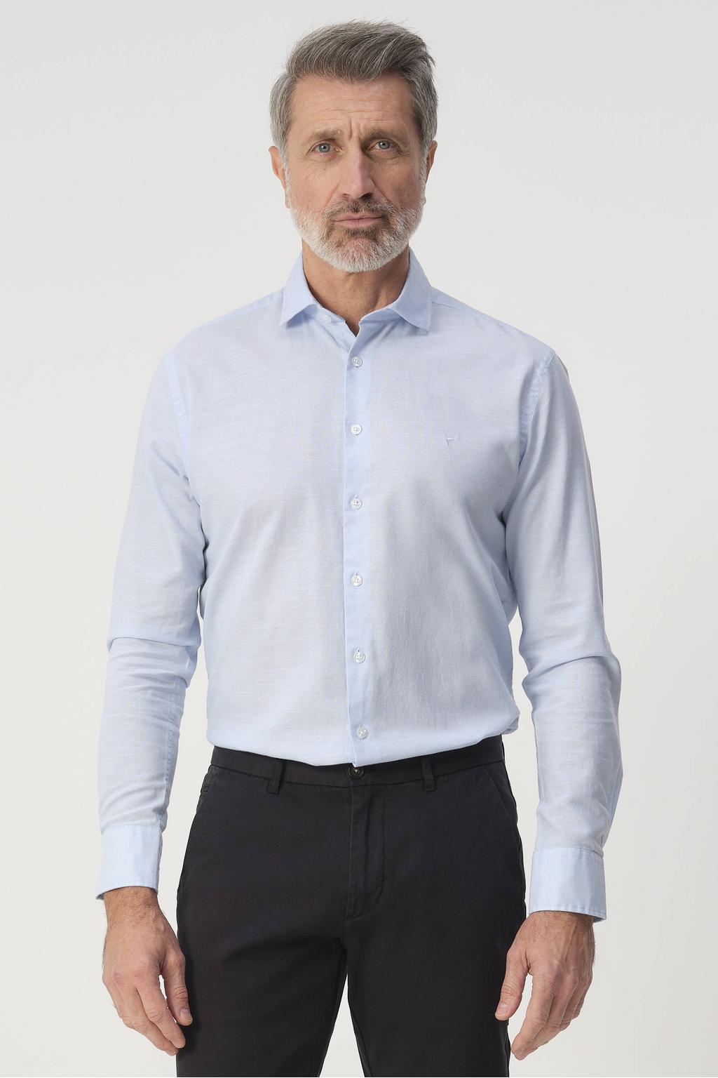 Lichtblauwe heren Campbell regular casual overhemd van katoen met effen, lange mouwen, klassieke kraag en knoopsluiting