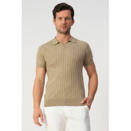 Campbell regular polo met linnen lichtbruin rib gebreid afbeelding