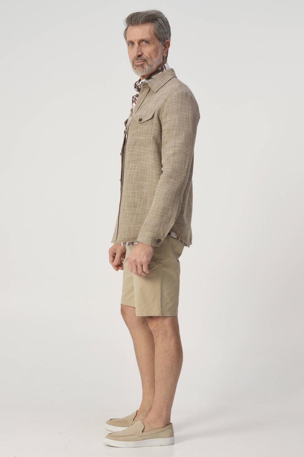Beige heren Campbell overshirt van polyester met melée print, lange mouwen, widespread hals en knoopsluiting