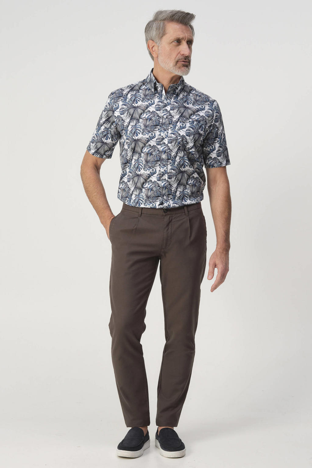 Donkerblauwe heren Campbell regular casual overhemd van katoen met korte mouwen, button down sluiting en knoopsluiting