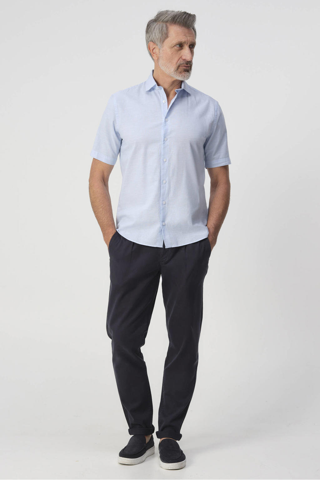 Lichtblauwe heren Campbell regular casual overhemd van katoen met effen, korte mouwen, klassieke kraag en knoopsluiting