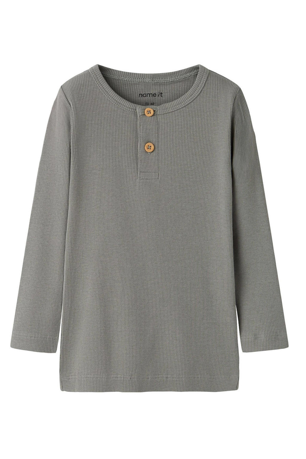Grijze jongens NAME IT MINI longsleeve van stretchkatoen met effen, lange mouwen, ronde hals, knoopsluiting en sierknopen