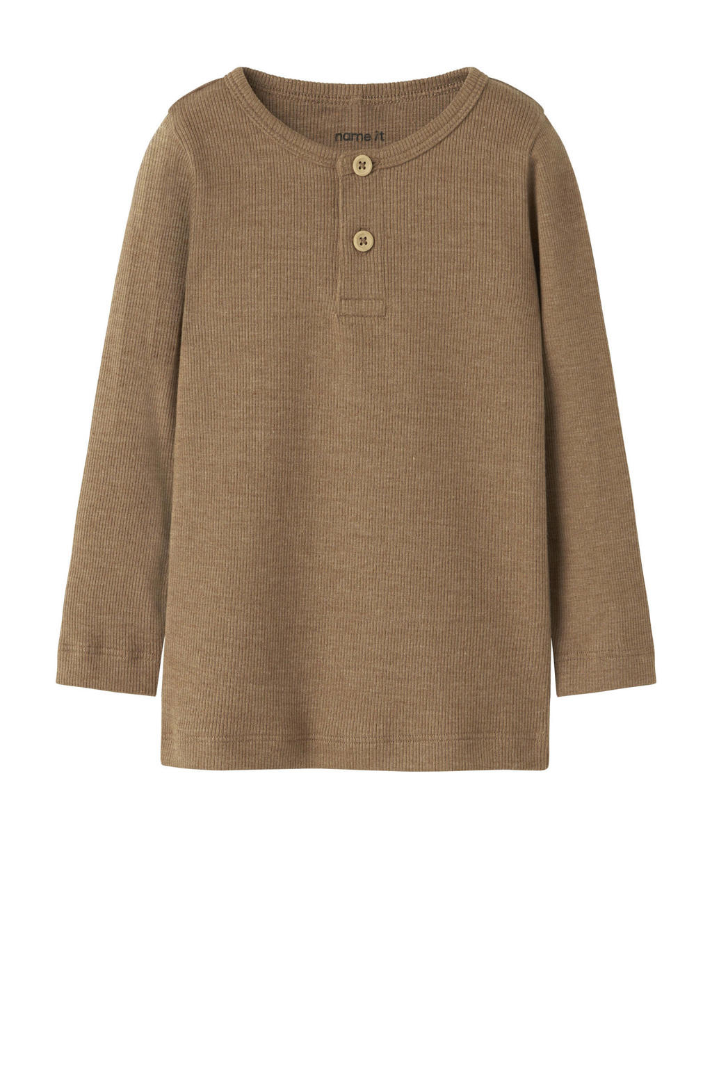 Bruine jongens NAME IT MINI longsleeve van stretchkatoen met effen, lange mouwen, ronde hals, knoopsluiting en sierknopen
