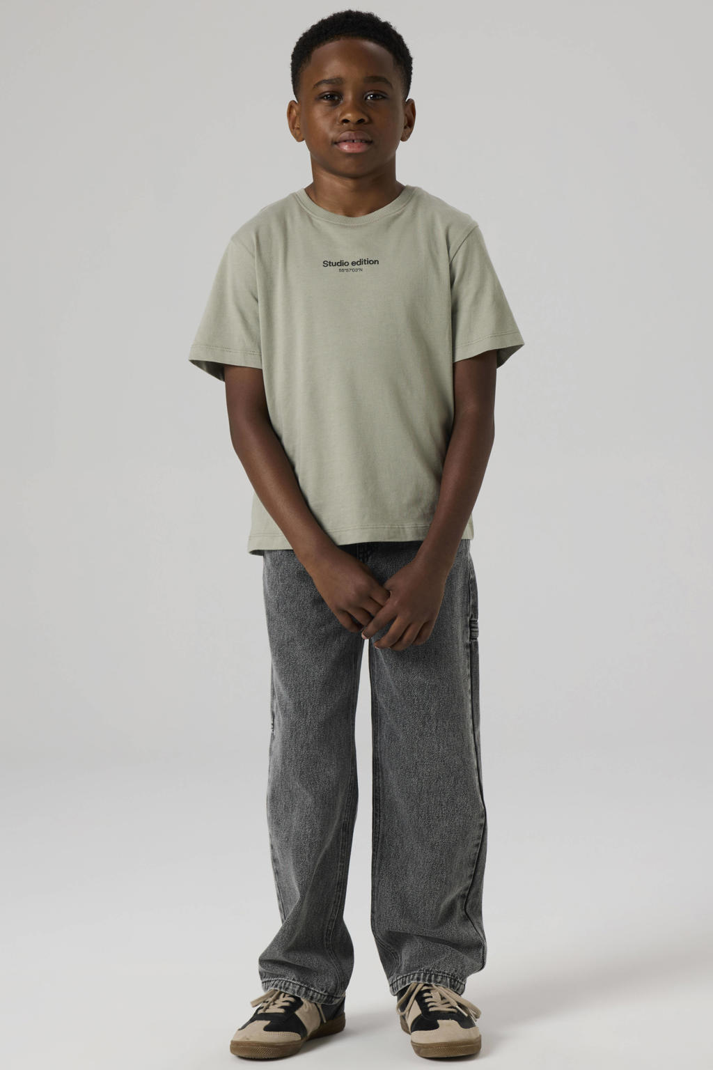 Grijze jongens NAME IT KIDS T-shirt van katoen met tekst print, korte mouwen en ronde hals