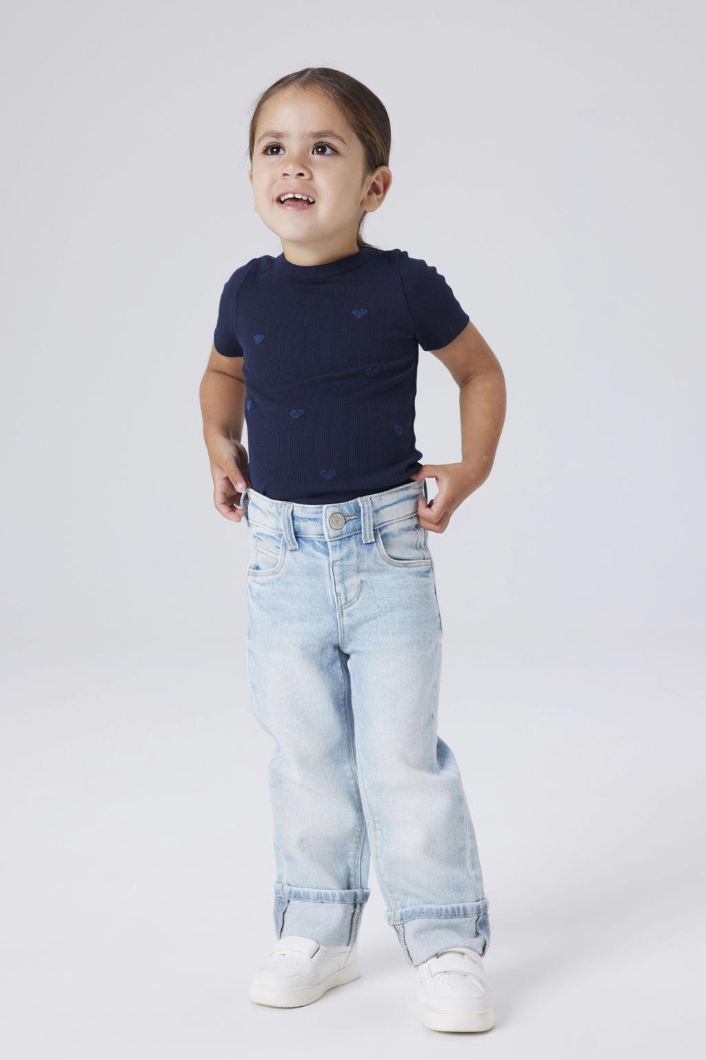 Light blue denim meisjes NAME IT MINI straight leg jeans van katoen met rits- en haaksluiting en effen