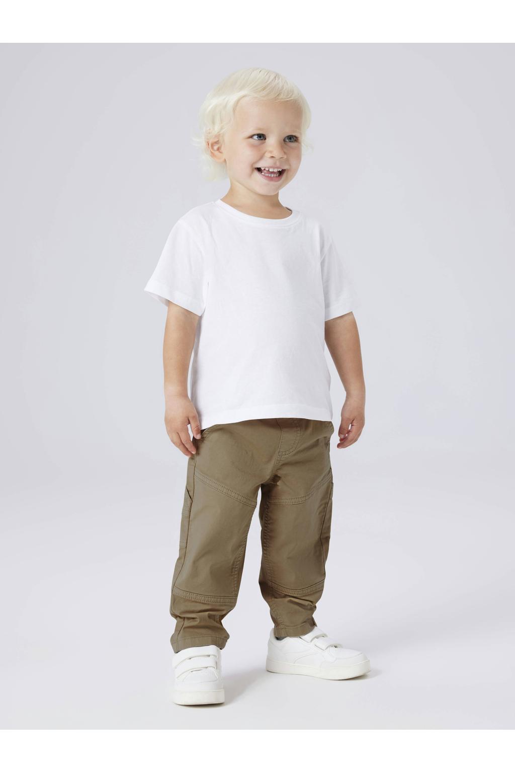 Bruine jongens NAME IT MINI loose casual broek van stretchkatoen met rits- en knoopsluiting en effen