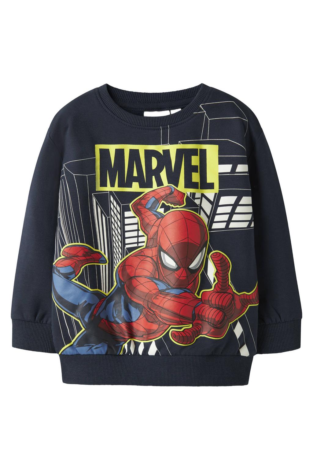 Donkerblauwe jongens NAME IT MINI Spiderman sweater met printopdruk, lange mouwen, ronde hals en geribde boorden