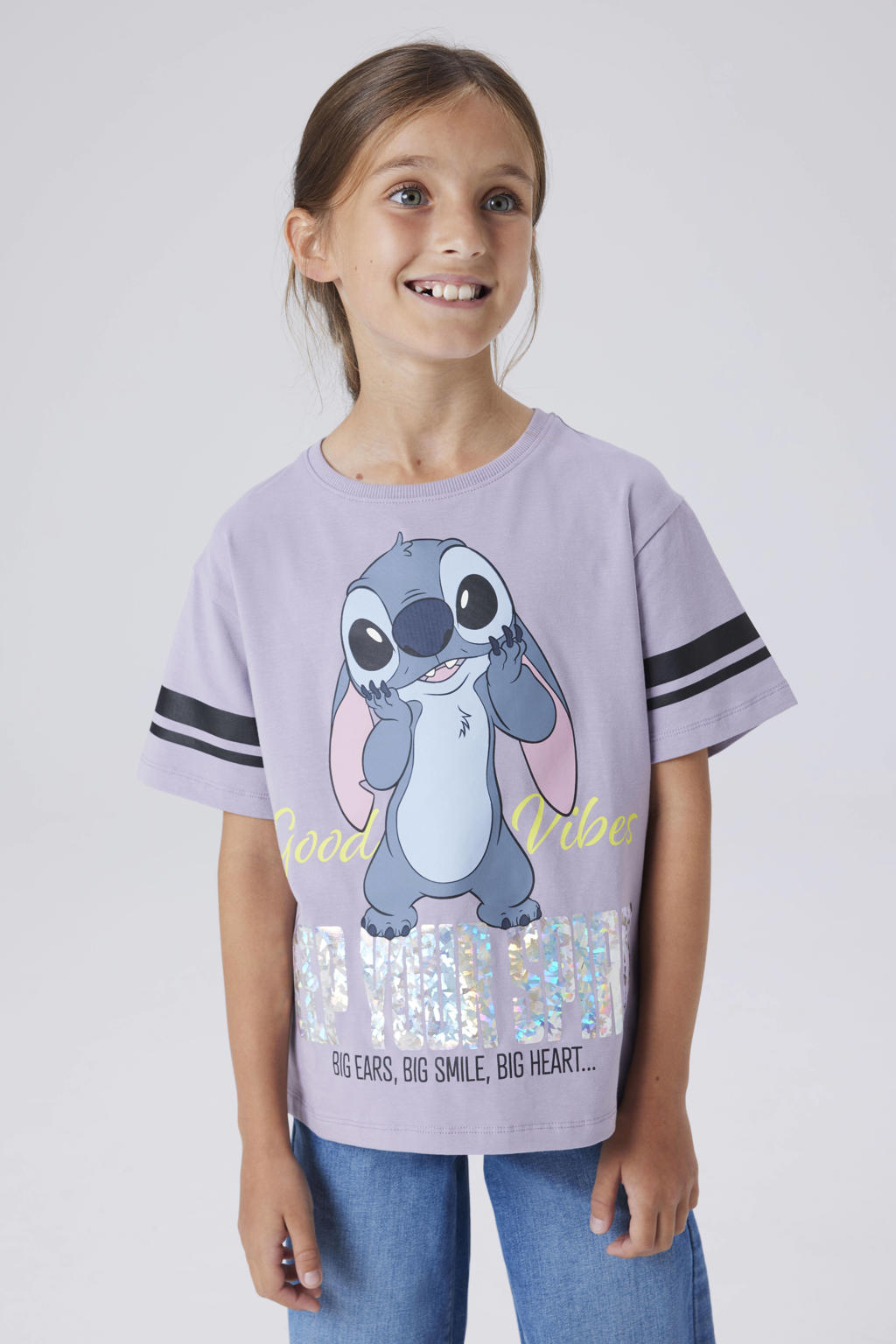 Paarse meisjes NAME IT KIDS T-shirt van stretchkatoen met printopdruk, korte mouwen en ronde hals